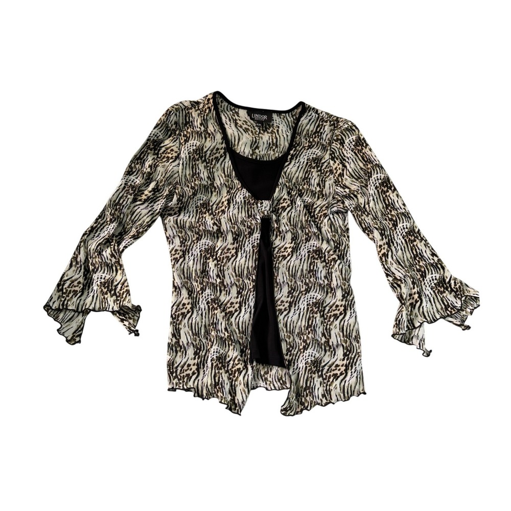 Y2k Animal Print Layered Cardigan Top Black Tan V-Neck Bell Sleeve Twofer